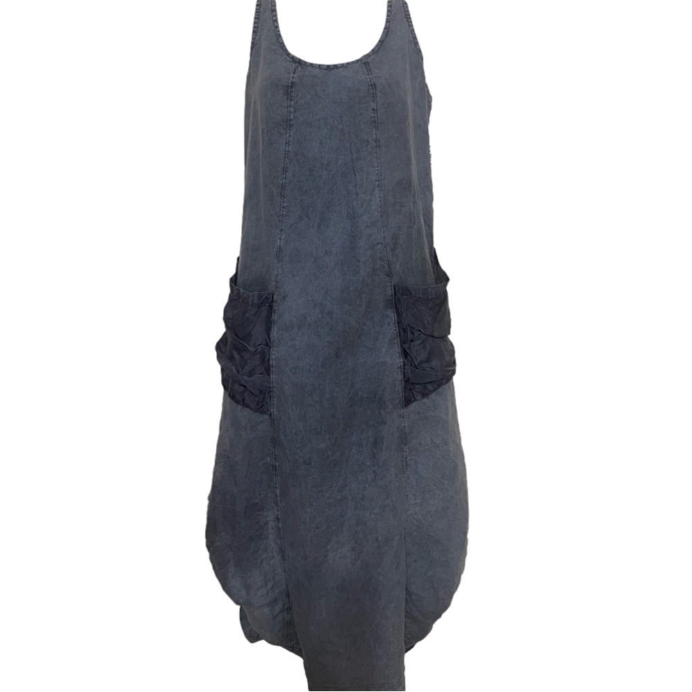 Luna Luz Lagenlook Sleeveless Pocket Washed Linen Dress
